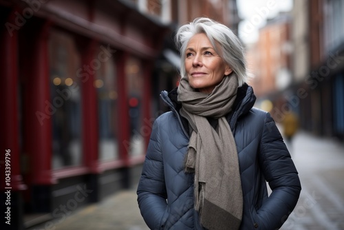 Portrait of a senior woman standing in a street wearing a scarf