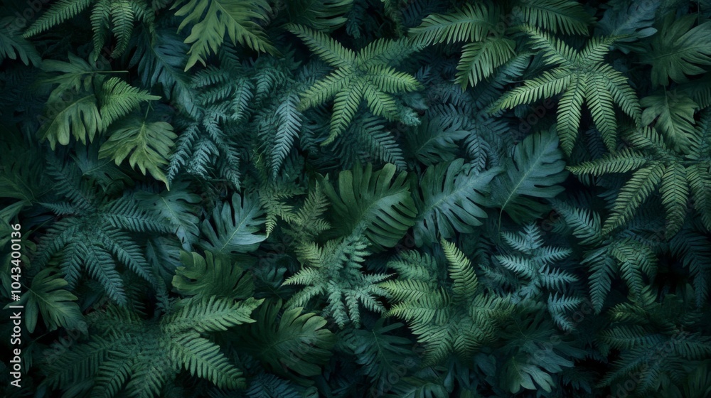 Dense arrangement of dark green ferns with intricate leaf patterns covering the entire frame, minimal light, rich shadows, natural forest setting Dense arrangement of dark green ferns with intricate leaf patterns covering the entire frame, minimal light, rich shadows, natural forest setting