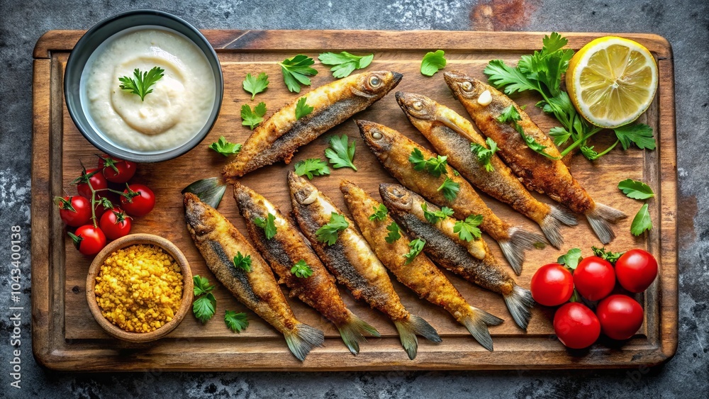 A Rustic Serving of Crispy Fish with Parsley and Cherry Tomatoes on a Wooden Cutting Board A Rustic Serving of Crispy Fish with Parsley and Cherry Tomatoes on a Wooden Cutting Board