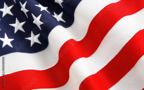 High-detail view of the American flag rippling in the wind, showing the texture of the fabric and the bold red, white, and blue colors photo