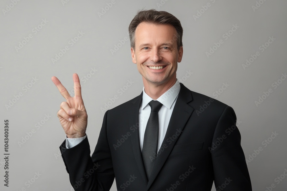 A businessman making a peaceful gesture, suitable for corporate or community event images A businessman making a peaceful gesture, suitable for corporate or community event images