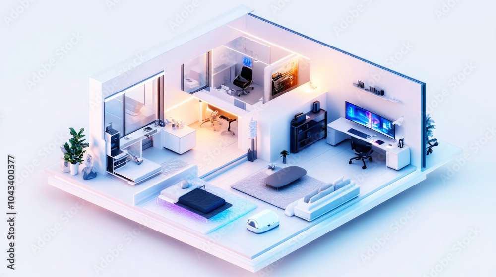 Modern 3D minimalist room interior with computer desk, sofa and accent lighting used in technological and stylish design Modern 3D minimalist room interior with computer desk, sofa and accent lighting used in technological and stylish design