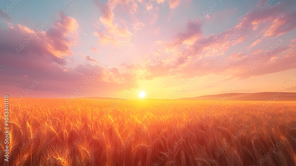 Sunrise over golden wheat field, vibrant sky with soft clouds in pink and orange. Warm sunlight casting golden glow, expansive rural landscape. Sunrise over golden wheat field, vibrant sky with soft clouds in pink and orange. Warm sunlight casting golden glow, expansive rural landscape.