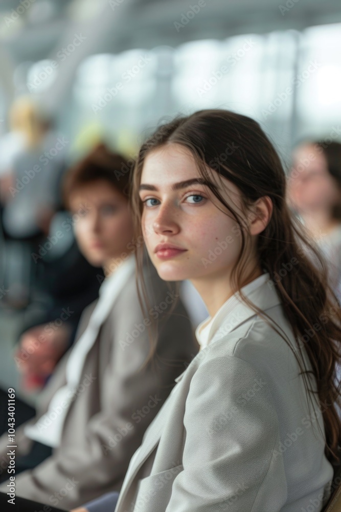 Obraz premium A woman sits patiently waiting for her flight, surrounded by airport atmosphere