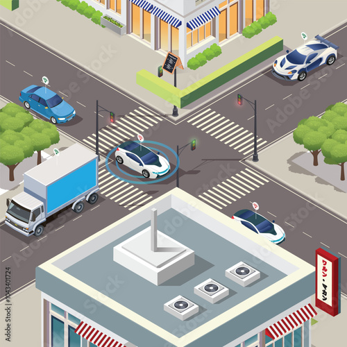 Isometric illustration of a smart city with automated vehicles  composition with road and crosswalk at the city center vector illustration