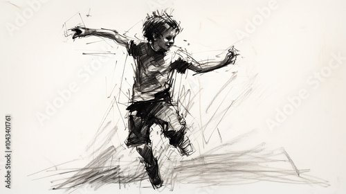 Black charcoal pencil drawing of a small active kid dancing in white background with live performance