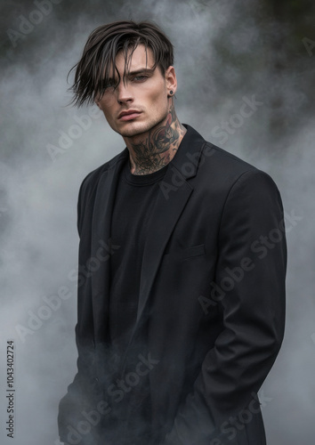 Short-haired tattooed male model dressed in black t-shirt and blazer surrounded by mist with a rebellious expression