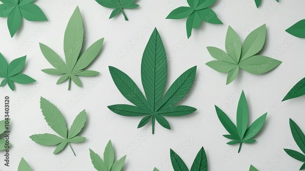 A flat lay of green paper cannabis leaves on a white background, the central leaf is the largest. A flat lay of green paper cannabis leaves on a white background, the central leaf is the largest.