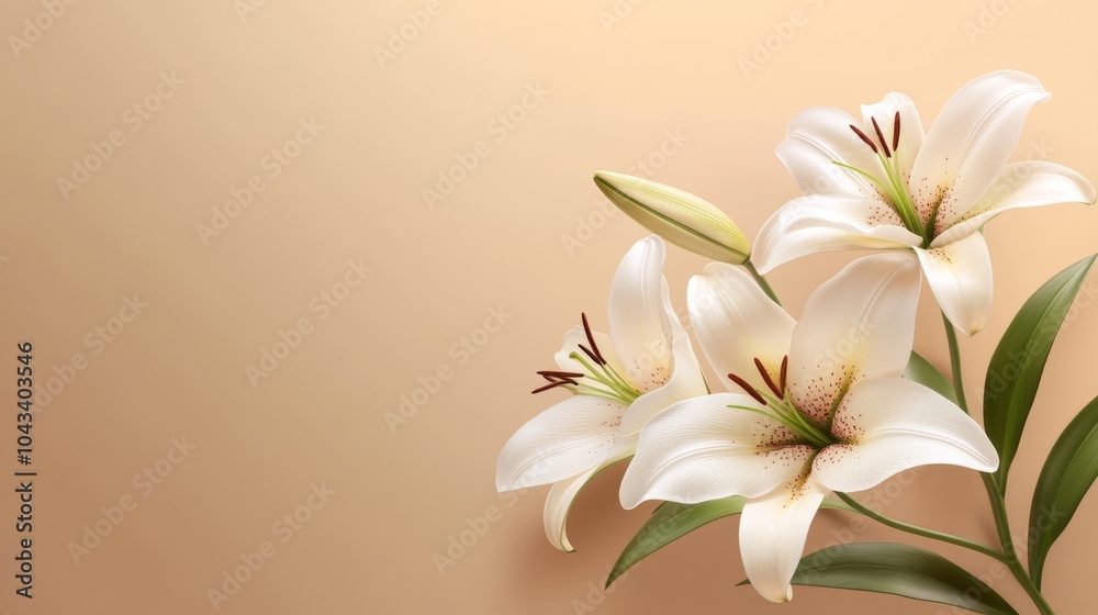 Fototapeta premium Beautiful Pink Lilies on Light Brown Background with Soft Shadows Natural Light