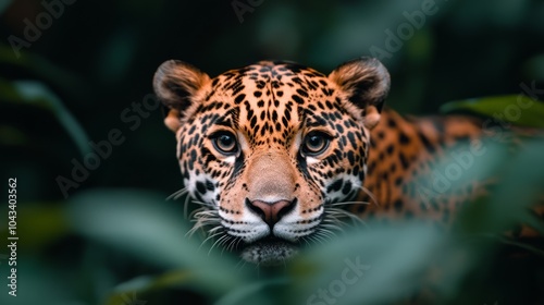 Jaguar stalking through dense jungle foliage.