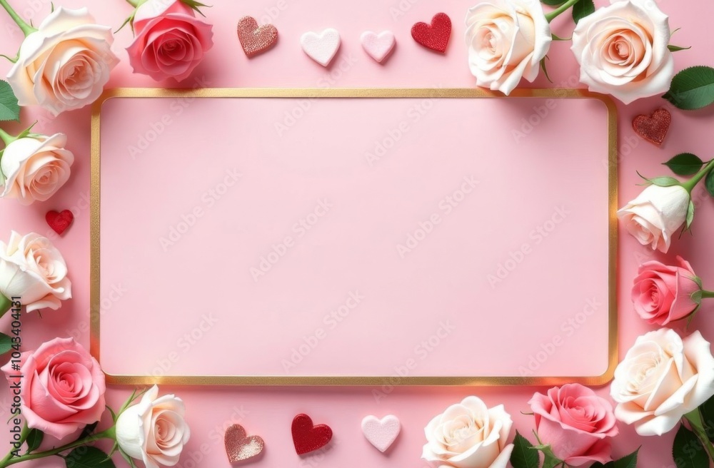 Obraz premium Frame with pink flowers and hearts on a pink background. Happy Valentine's Day.