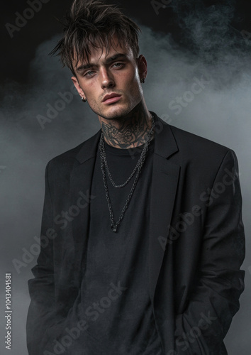 Short-haired tattooed male model wearing a black t-shirt and blazer surrounded by dark fog with an edgy attitude