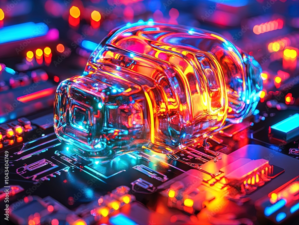 Vibrant Luminous Microprocessor Sculpture on Futuristic Circuit Board: Perfect for Sporty Interior Posters and Modern Art Displays