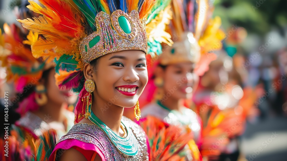 Fototapeta premium Parade participants dressed in traditional outfits celebrate cultural pride in a bright and lively scene. the joy, energy, and vibrant colors of a cultural festival, asian heritage and unity