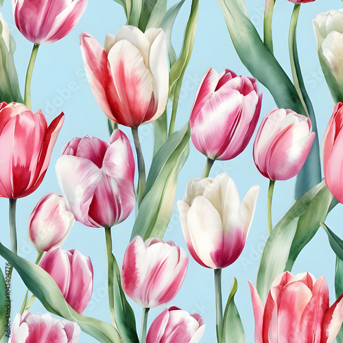 Seamless watercolor pattern of beautifully arranged pink and white tulips on a light blue background.