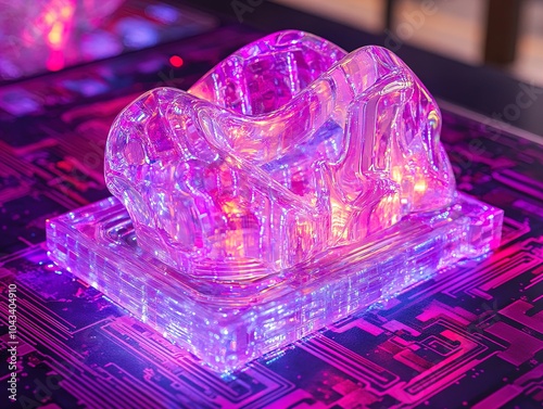 Vibrant Luminous Microprocessor Sculpture on Futuristic Circuit Board: Perfect for Sporty Interior Posters and Modern Art Displays