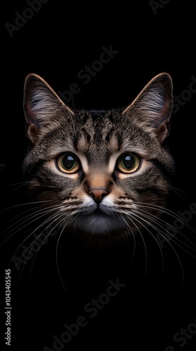 Close-up portrait of a curious domestic cat against a black background.