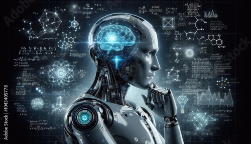 Obraz na płótnie Futuristic AI Robot Analyzing Complex Mathematical Formulas: A Digital Scene Representing Machine Learning, Scientific Analysis, Advanced Data Processing, and Computational Intelligence w salonie