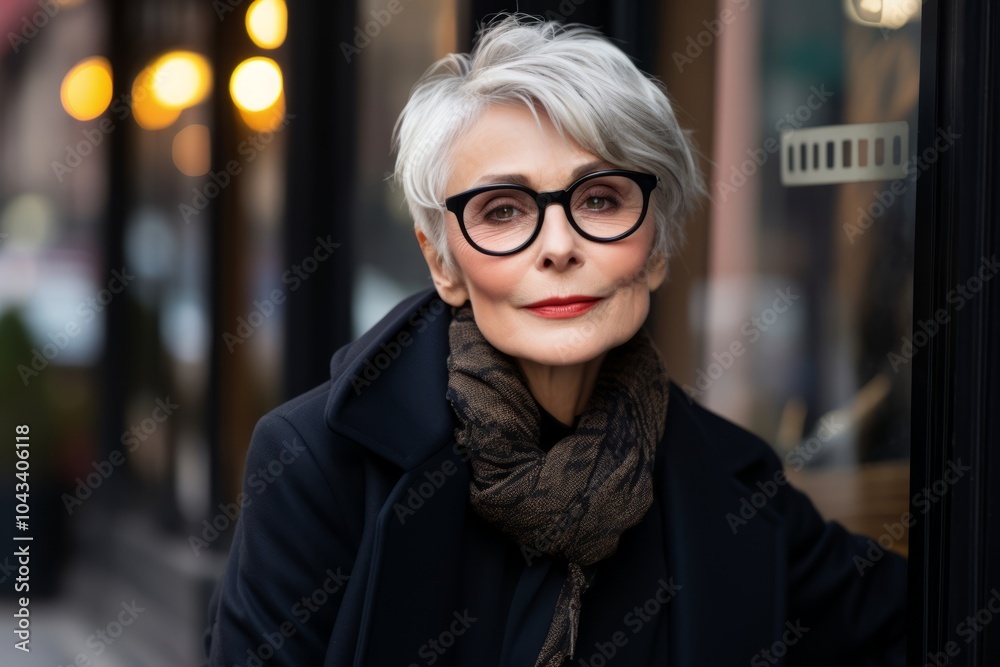 portrait of senior woman in eyeglasses looking at camera in city portrait of senior woman in eyeglasses looking at camera in city