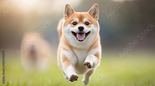 Happy dog running energetically in a grassy field during a sunny day.