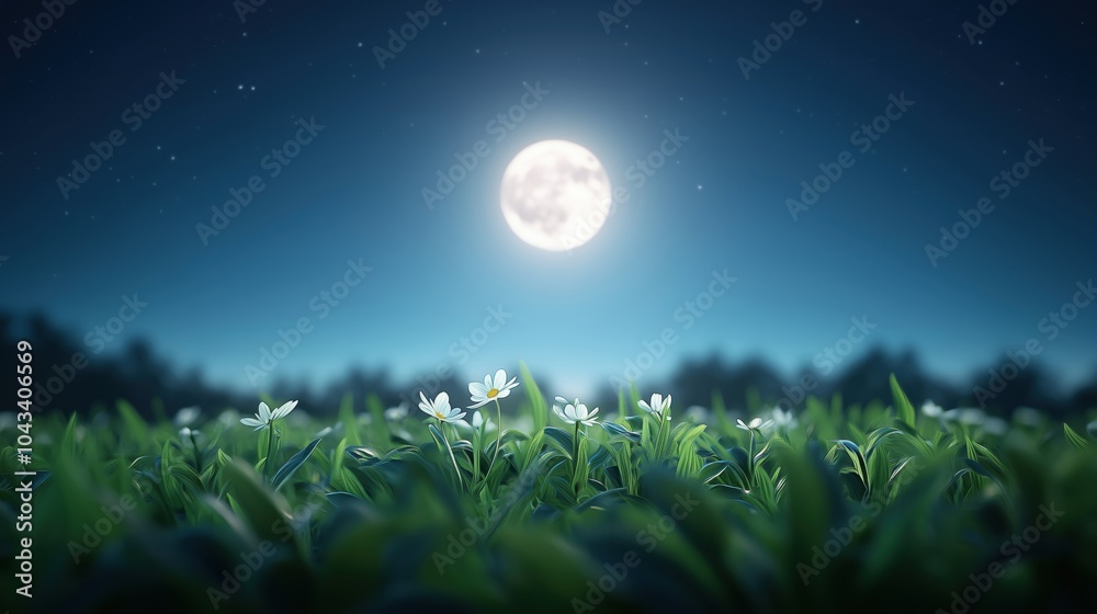 Moonlit night over a field of flowers, serene atmosphere and vibrant colors under the glowing moon. Moonlit night over a field of flowers, serene atmosphere and vibrant colors under the glowing moon.