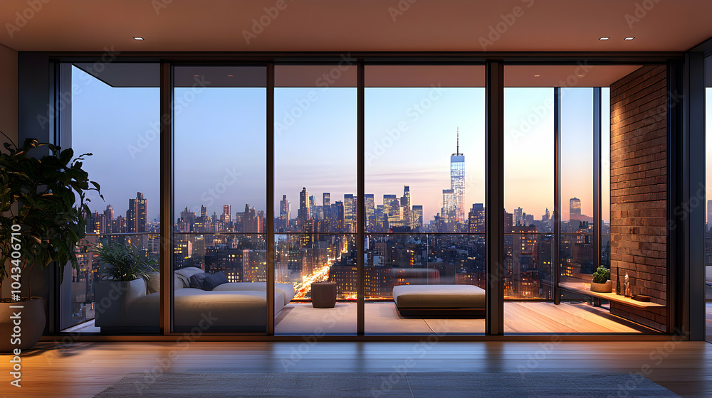 Fototapeta premium Modern Glass Door Opening to a Scenic Balcony with City View