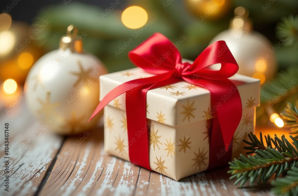 Beautifully wrapped gift box with a bright red ribbon surrounded by holiday decorations and warm lights Beautifully wrapped gift box with a bright red ribbon surrounded by holiday decorations and warm lights