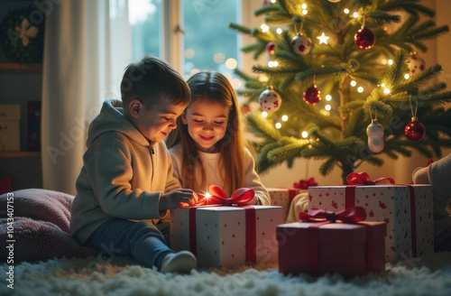 Children joyfully opening presents under a beautifully decorated Christmas tree in a cozy living room during the holiday season photo