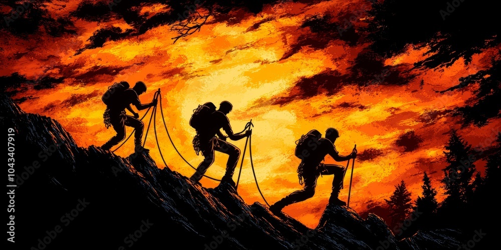 Obraz premium Silhouettes of hikers climbing a mountain at sunset with dramatic sky.