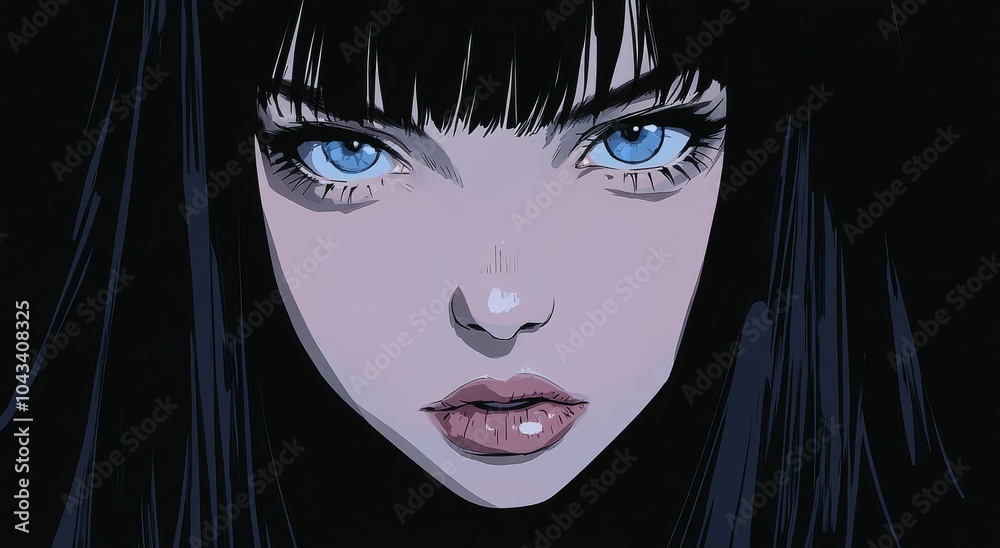 Close-up portrait of a girl with blue eyes and bangs Close-up portrait of a girl with blue eyes and bangs
