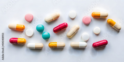 Pills and capsules on white background. Focus on foreground, soft bokeh.