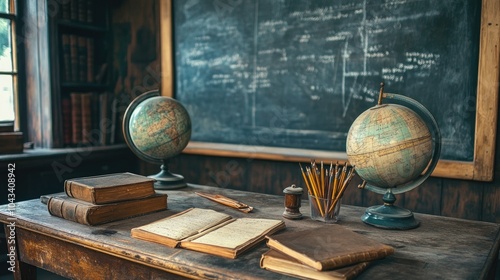 A nostalgic school scene with vintage globes, worn leather books, and old writing tools on a rustic desk, set before a chalkboard, evoking memories of schooldays past.