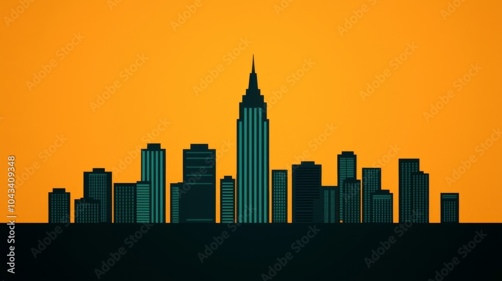 Naklejka premium Minimalist City Skyline Illustration with Orange Background