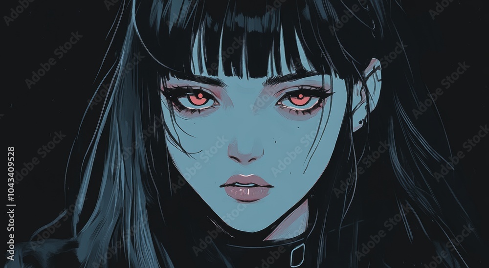 Medium shot of girl with black hair and red eyes