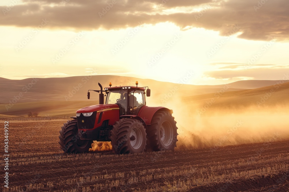 Obraz premium Red Tractor Plowing Fields at Sunset
