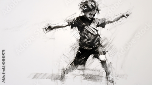 Black charcoal pencil drawing of a small active kid dancing in white background with live performance