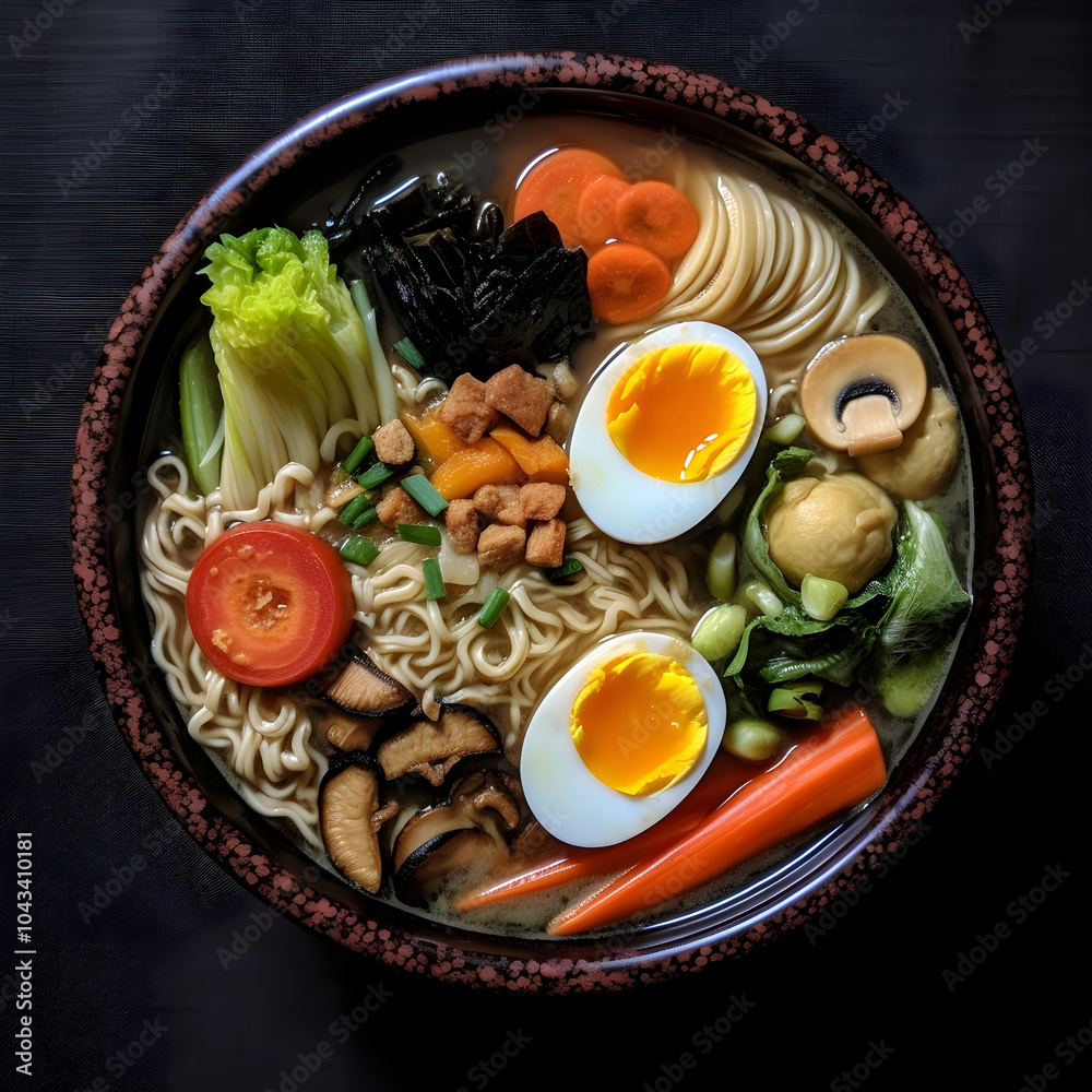 Japanese ramen noodle soup in a bowl, view from above. Japanese ramen noodle soup in a bowl, view from above.