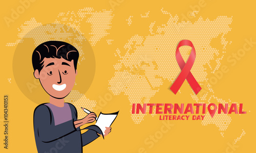 international literacy day with man writing illustration on orange background