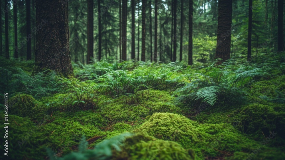 Dark and lush undergrowth in a temperate forest, with ferns and moss covering the forest floor Dark and lush undergrowth in a temperate forest, with ferns and moss covering the forest floor
