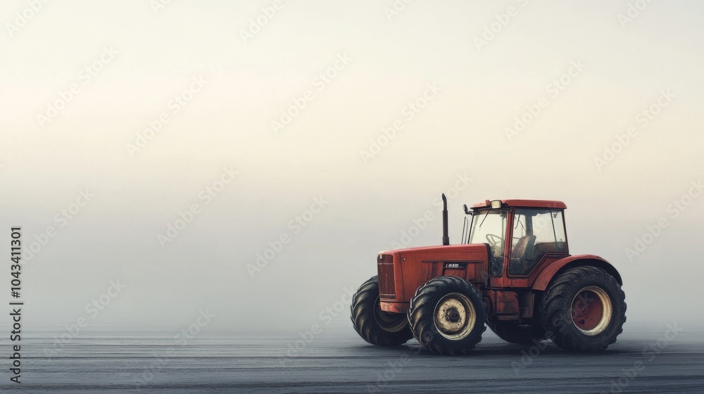 A red tractor sits alone on a foggy field, ready to work. A red tractor sits alone on a foggy field, ready to work.