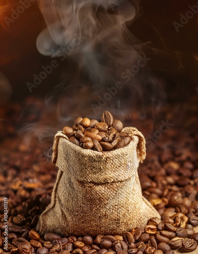 
Explosión de café con granos de Arábica tostados fondo de bolsas de café, photo