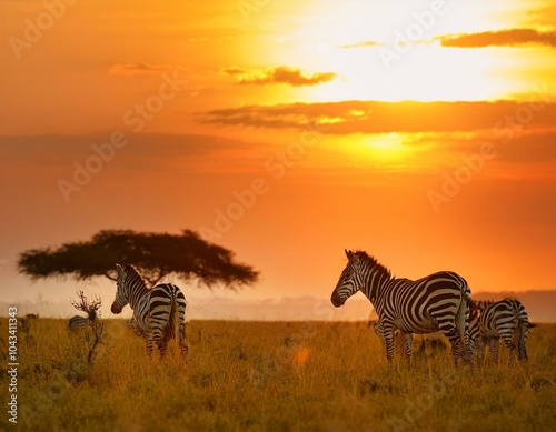 Zebras at sunset in South Africa