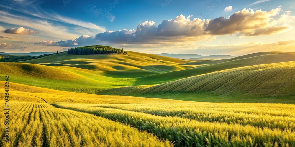 Obraz premium Rolling hills of golden wheat and green pastures Low Angle