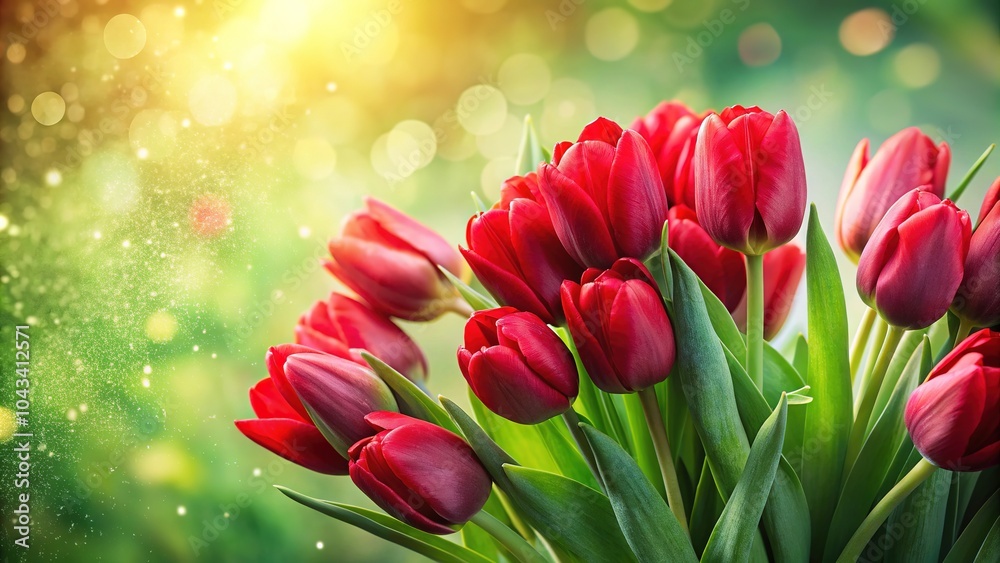 Red tulips stand out against a vibrant green backdrop. Red tulips stand out against a vibrant green backdrop.