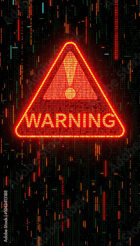 digital warning sign with red triangle hazard symbol neon glitch futuristic cyber hacking threat technology background vertical format