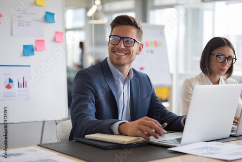 Professional Man and Woman Working at Desk in Office