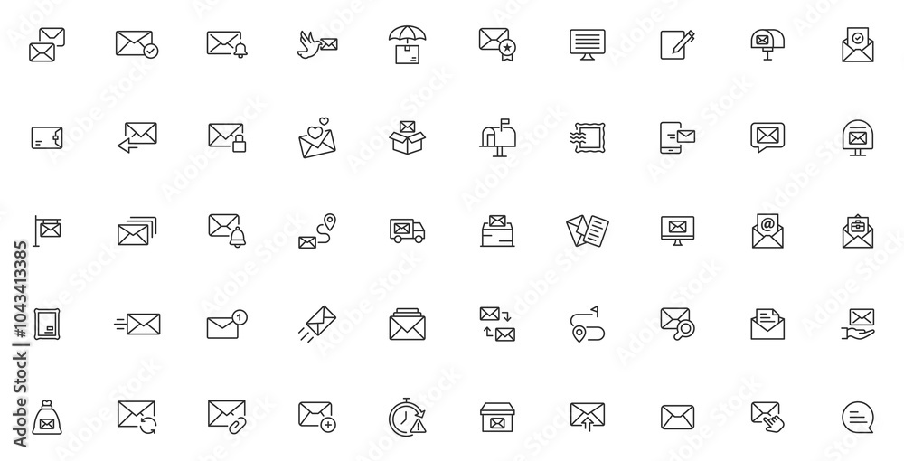 Postal and email line icons collection. Message, envelope, mailing, postal letter, post office and mailbox outline icon set Postal and email line icons collection. Message, envelope, mailing, postal letter, post office and mailbox outline icon set