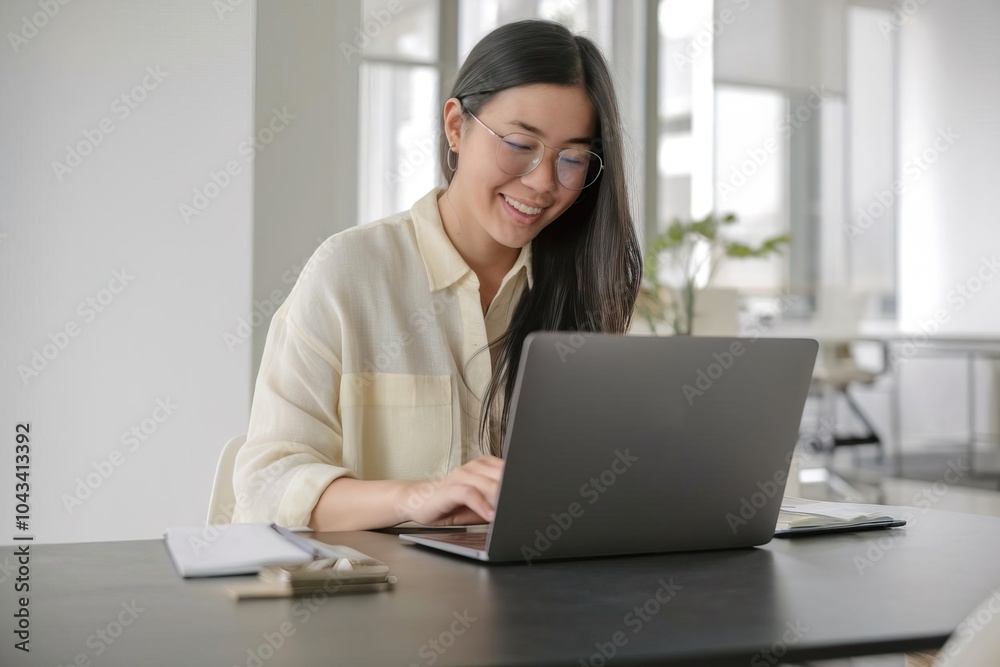 Smiling Asian Woman Working on Laptop at Home Office Smiling Asian Woman Working on Laptop at Home Office