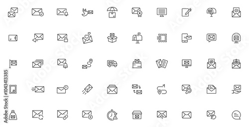 Postal and email line icons collection. Message, envelope, mailing, postal letter, post office and mailbox outline icon set