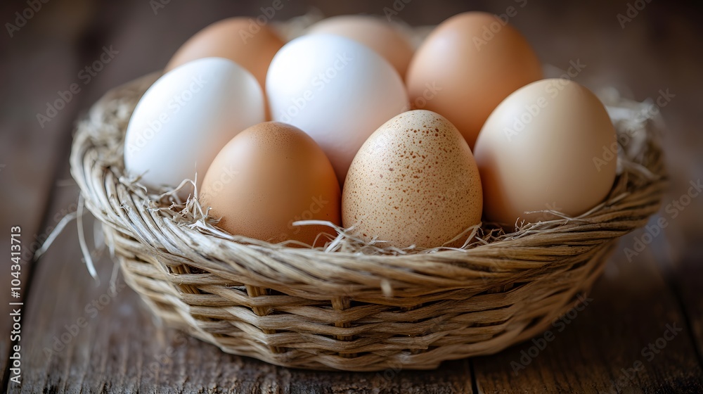 Wicker basket with fresh eggs on wooden surface. Brown and white eggs with straw accents, natural lighting highlighting smooth eggshell textures. Wicker basket with fresh eggs on wooden surface. Brown and white eggs with straw accents, natural lighting highlighting smooth eggshell textures.